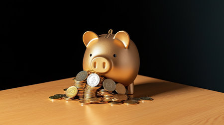 Golden piggy bank overflowing with coins showcasing saving and financial success concepts, surrounded by a wooden surface in soft lightの素材