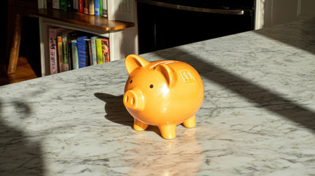 Bright orange ceramic piggy bank sits on marble countertop near shelves filled with books and sunlight pouring in through a window creating warm atmosphereの素材
