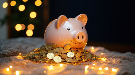 Happy piggy bank surrounded by shiny coins with warm glowing lights in the background, symbolizing savings, finance, and prosperity during festive seasonの素材