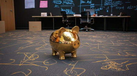 Golden Piggy Bank on Creative Office Floor with Chalk Drawings and Collaborative Workspace Environmentの素材