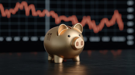Golden piggy bank on a dark background with an upward trend graph representing savings, financial growth, and investment concepts for stock market discussionsの素材