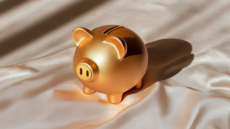 Golden piggy bank on soft fabric background representing saving money, financial planning, wealth accumulation, investment opportunities, and financial growth strategiesの素材