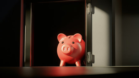 Bright Pink Piggy Bank Emerging from Dark Cabinet with Soft Light Catching Its Curves and Texture, Symbolizing Savings and Financial Growthの素材