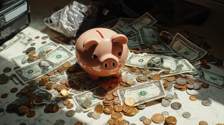 A Cute Pink Piggy Bank Surrounded by Crumpled Dollar Bills and Coins on a White Table in Bright Natural Lightの素材