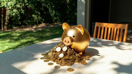 Golden piggy bank overflowing with coins on a sunny day showcasing savings, investment, and financial growth in an outdoor setting with greeneryの素材
