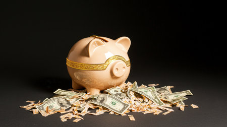 Piggy bank placed on a pile of US currency bills with scattered cash surrounding it, symbolizing savings, finance, and wealth management in a dark backgroundの素材