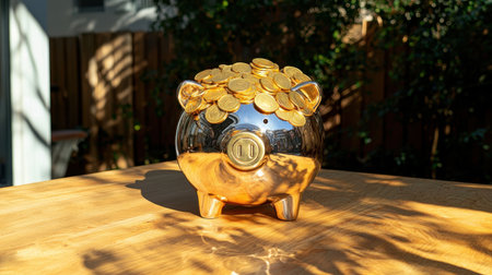 Shiny piggy bank filled with gold coins resting on wooden table in sunny outdoor setting, symbolizing saving and financial planning for future prosperityの素材