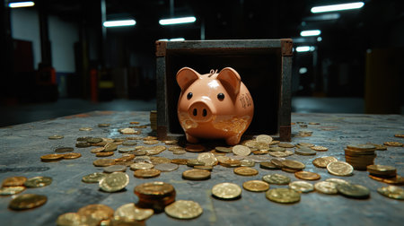 A Charming Piggy Bank Surrounded by Spilled Coins Inside a Dark Industrial Setting, Symbolizing Savings and Financial Growth Opportunitiesの素材