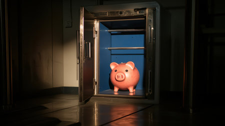 Pink piggy bank standing in an open vault, symbolizes savings, financial security, and investment potential in a modern banking environment.の素材
