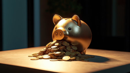 Golden piggy bank overflowing with coins on a modern table, symbolizing saving, wealth, and financial success in a stylish interior settingの素材