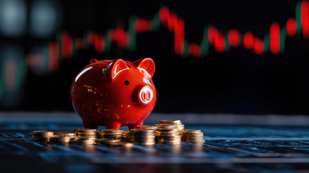 Red piggy bank surrounded by coins on financial chart backdrop, representing savings, investment, and growth in personal finance and economy conceptsの素材