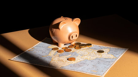 Cute piggy bank sitting on a detailed world map with scattered coins illustrating savings, travel, finance, and budgeting concepts in a warm light settingの素材