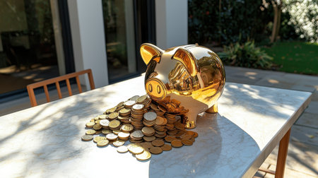 Golden Piggy Bank Overflowing with Coins on a Table in a Bright Outdoor Setting Surrounded by Greenery and Natural Lightの素材