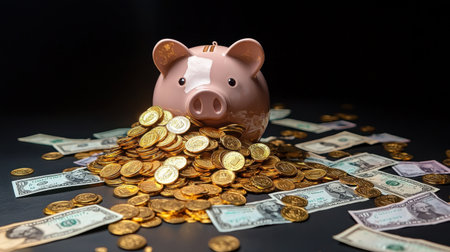 Piggy bank overflowing with shiny gold coins and scattered dollar bills on a dark background, symbolizing savings and financial abundanceの素材