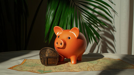 Vibrant Piggy Bank on Vintage Map Surrounded by Lush Greenery Perfect for Financial Planning, Savings, and Travel Themes in Stock Photographyの素材