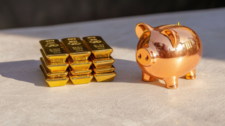 Gold Bars and Piggy Bank on a Bright Surface Representing Wealth, Savings, Investment, and Financial Security in a Modern Economy Settingの素材