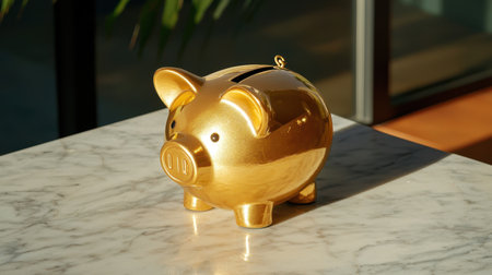 Golden Piggy Bank on Marble Table Reflecting Natural Light, Symbolizing Savings and Financial Opportunity in a Modern Interior Settingの素材