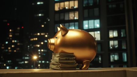 Golden piggy bank stands on banknotes with city skyline at night illuminated by lights, symbolizing wealth, savings, investment, and financial growth opportunities.の素材