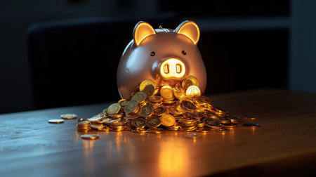 Piggy Bank Surrounded by Glimmering Coins in Warm Light on Wooden Table, Symbolizing Savings and Financial Successの素材