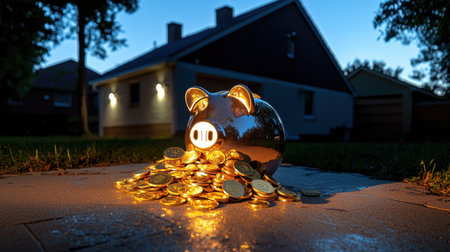 Shiny Piggy Bank Surrounded by Glimmering Coins at Dusk Near a Modern House, Representing Savings and Financial Growth in a Relaxing Settingの素材