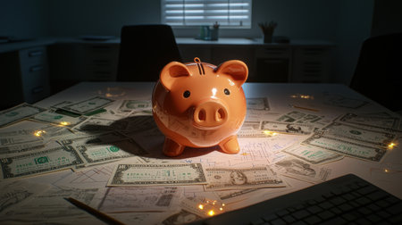 Cozy workspace with a piggy bank surrounded by dollar bills and financial papers, symbolizing personal finance, savings, and wealth management strategiesの素材