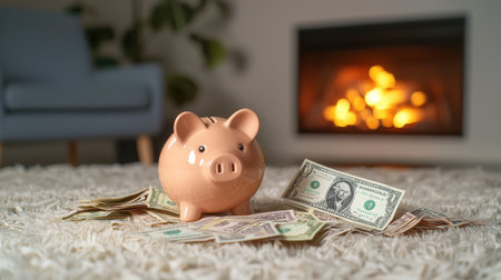 Cozy financial planning scene with piggy bank, money, and warm fireplace creating a peaceful atmosphere for saving and budgetingの素材