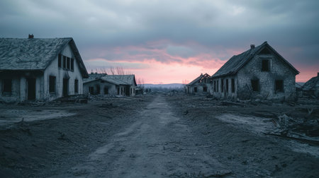 Abandoned Village at Twilight with Ruined Houses and Dusty Path Under Moody Skyの素材