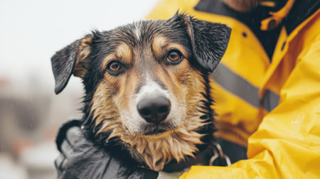 A Close-Up of a Wet Dog with Beautiful Fur and Expressive Eyes in a Yellow Raincoat Embraced by a Person in Rainy Outdoor Settingの素材