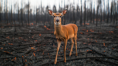 Resilient Deer Amid Burned Forest Landscape After Wildfire, Captivating Wildlife Photography Highlighting Nature's Recovery Processの素材