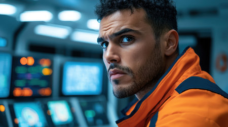Close-up of a focused male crew member in an orange safety jacket inside a futuristic operating room with high-tech equipment and monitors.の素材