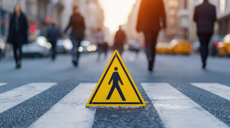 Traffic Safety Sign in Urban Area with People Walking on Crosswalk and City Background During Sunset, Modern Urban Life and Safety Awareness Conceptの素材
