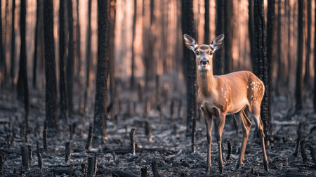Resilient Deer Standing Amidst Burnt Forest Landscape After Wildfire, Symbolizing Nature's Struggle and Recovery in Charred Environmentの素材