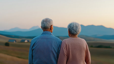 Elderly couple enjoying serene sunset view together while embracing nature's beauty in peaceful countryside setting with distant mountains and fieldsの素材
