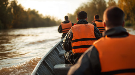 Rowers in Bright Orange Life Jackets Navigate Calm River Water at Sunset, Surrounded by Lush Green Trees and Warm Natural Lightの素材