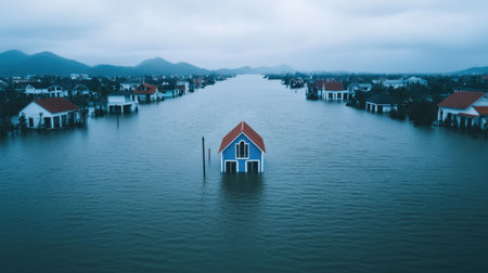 Aerial View of Submerged House in Flooded Landscape Surrounded by Water and Mountains Under Overcast Sky in Rural Areaの素材