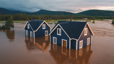 Serene Blue Houses Surrounded by Floodwaters Amidst a Scenic Landscape and Overcast Sky Illustrating the Impact of Natural Disastersの素材