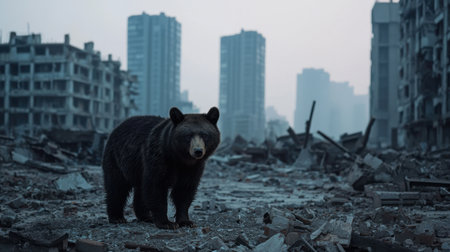 Majestic Bear Stands Amidst Desolate Urban Ruins at Dusk Highlighting Nature's Resilience Against Human Destruction and Urban Decayの素材