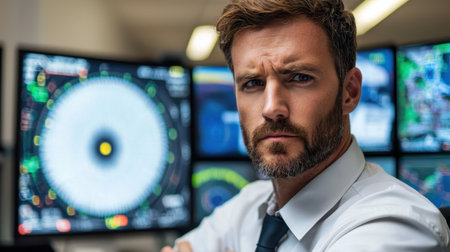 Focused professional man in shirt and tie looks serious while monitoring multiple computer screens in a high-tech office environmentの素材