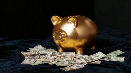 Golden Piggy Bank Surrounded by Cash on Velvet Background, Symbolizing Savings, Wealth Creation, Financial Success, and Prosperity for Investment Conceptsの素材
