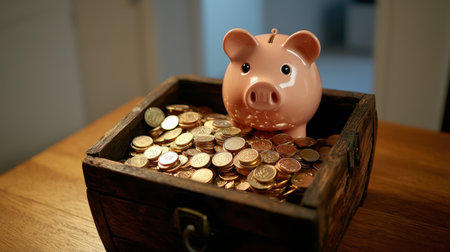 Piggy bank surrounded by shiny coins in a rustic wooden box, symbolizing savings, financial planning, and wealth accumulation in a cozy setting.の素材
