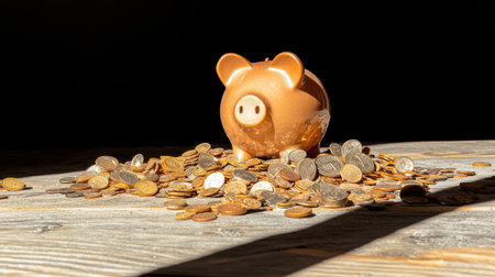 Piggy bank sitting on wooden surface surrounded by scattered coins illuminated by soft light, representing savings and financial growth conceptsの素材