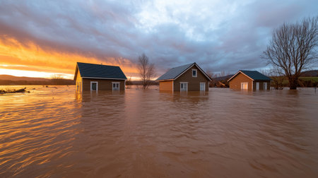 Serene Sunrise Over Flooded Houses in Rural Area with Calm Water and Beautiful Cloudy Sky Reflecting Vibrant Colors of Dawn Lightの素材