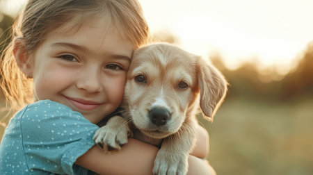 Young girl joyfully hugging a puppy during golden hour in a scenic outdoor setting with a warm and loving atmosphere of friendship and bond between themの素材
