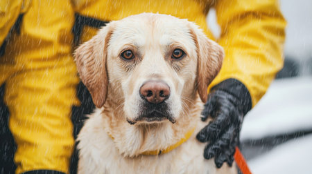 Labrador Retriever in Rainy Weather with Person in Yellow Raincoat, Close-Up Portrait of Loyal Dog and Human Companion Outdoorsの素材