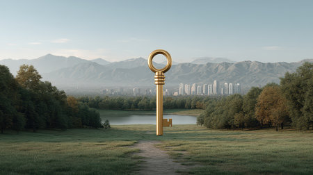 Large Golden Key in Scenic Landscape Symbolizing Opportunity, Nature, and Adventure with Mountains and Modern City in Backgroundの素材