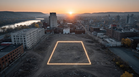 Urban landscape view with empty lot, glowing outline, and sunrise over city skyline, showcasing development potential and natural beautyの素材