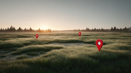 Tranquil Landscape with Location Pins in Lush Green Grassland Under Soft Morning Light at Sunrise Suitable for Travel and Navigation Themesの素材