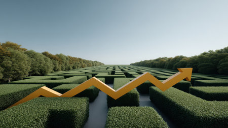 Abstract depiction of growth and direction with a golden arrow rising above a labyrinth of green hedges set against a serene blue sky landscapeの素材