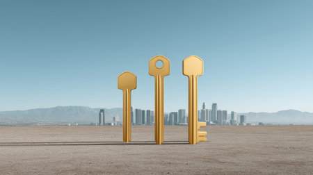 Golden symbols of access and opportunities standing in a barren landscape with a sharp city skyline in the distance under a clear blue skyの素材