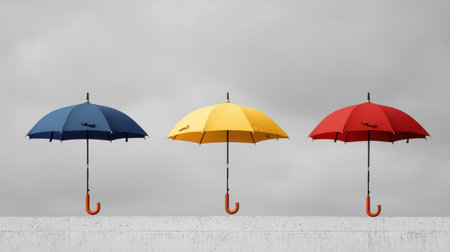 Colorful Umbrellas on a Grey Background Creating a Contrast in a Minimalist Setting with a Dramatic Sky Aboveの素材